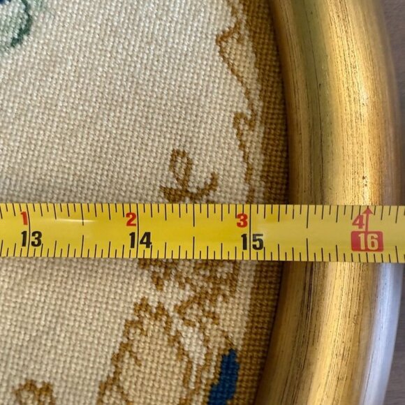 Vintage European Floral Needlepoint Art In Gold Round Frame - Picture 7 of 9